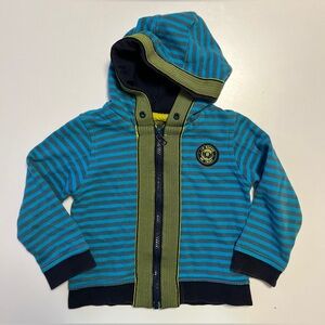 Baker Boy/ boy’s blue and gray striped zip up hooded sweatshirt size 3-4 years
